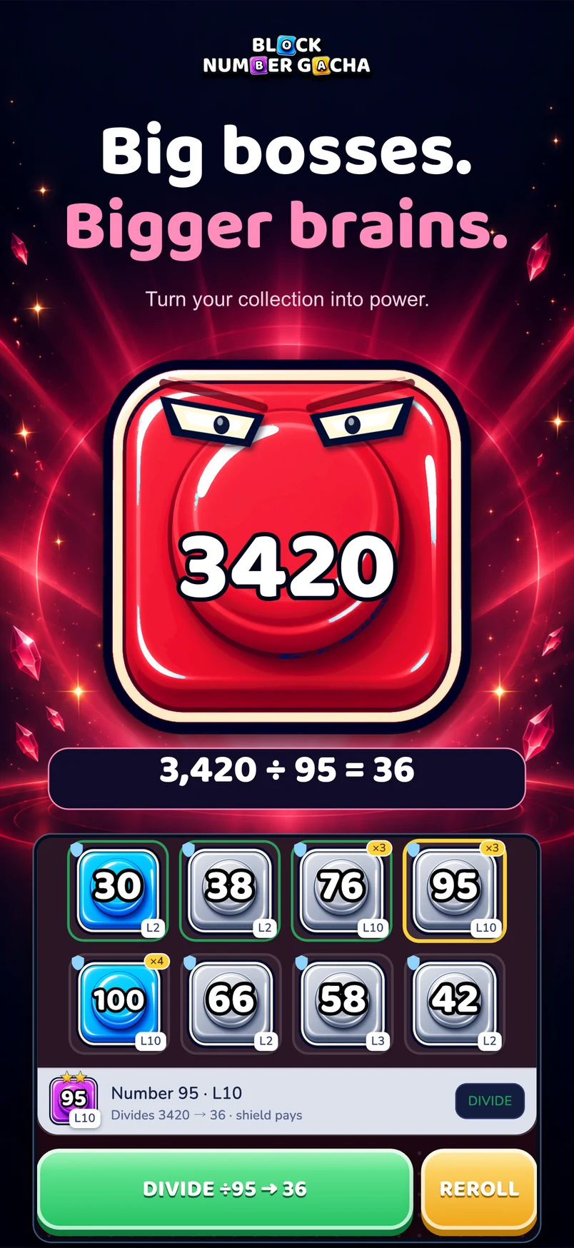Block Number Gacha boss battle using collected numbers to divide a boss with 3,420 HP