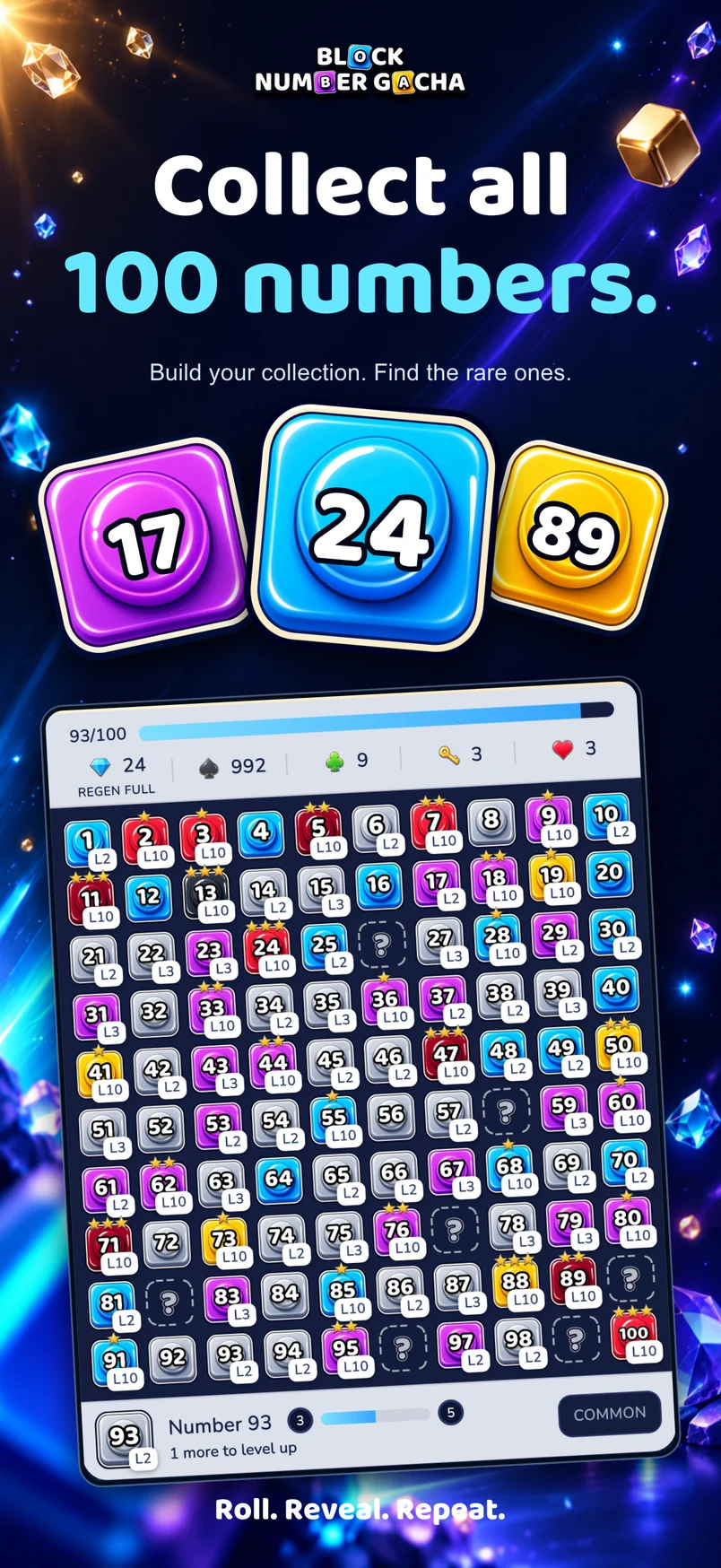 Collect all 100 numbers in Block Number Gacha, with colorful blocks and the collection board
