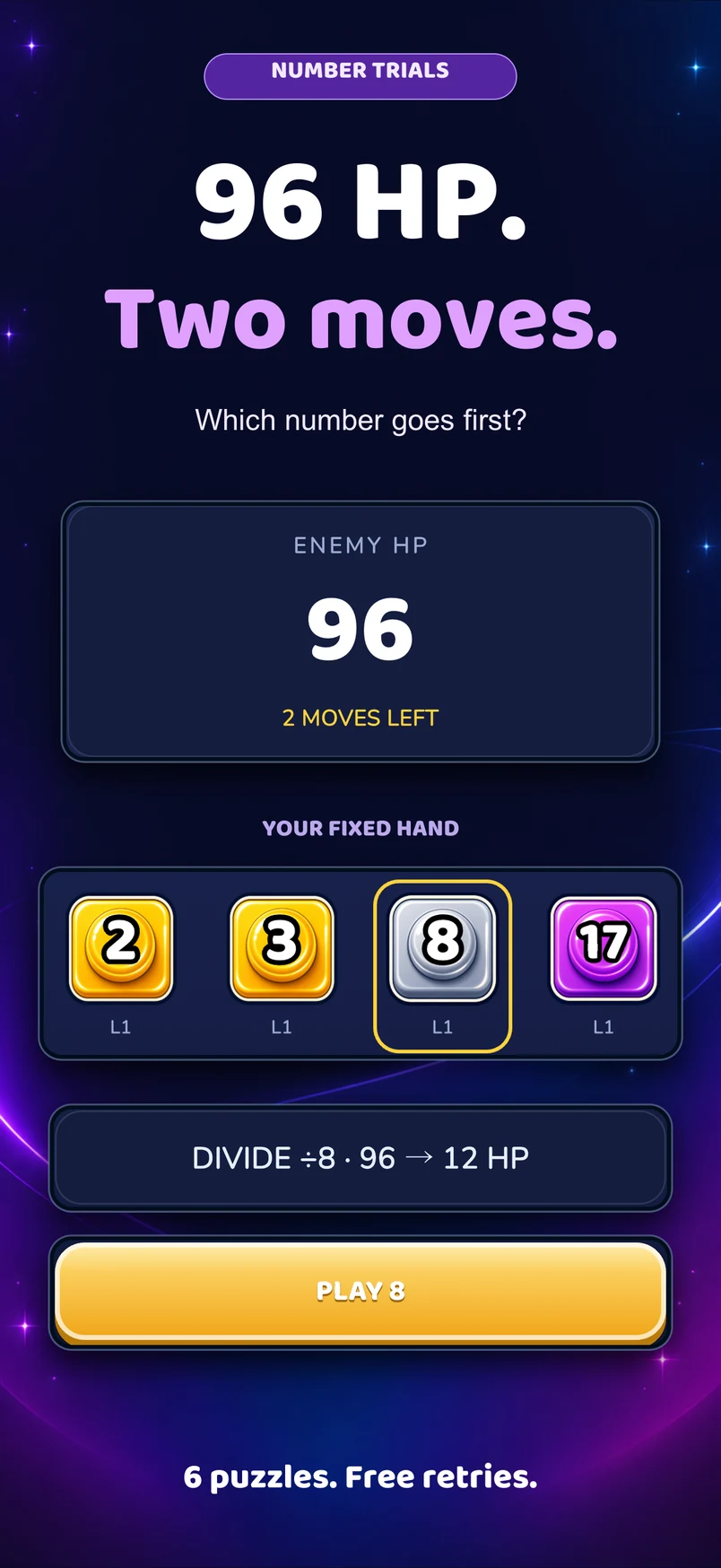 Number Trials puzzle with 96 enemy HP, two moves, and a fixed hand of number blocks